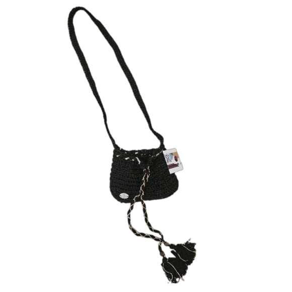 Hand Crafted Crochet Bucket Bag Tassel Beaded Drawstring Crossbody Purse Black - Picture 10 of 17